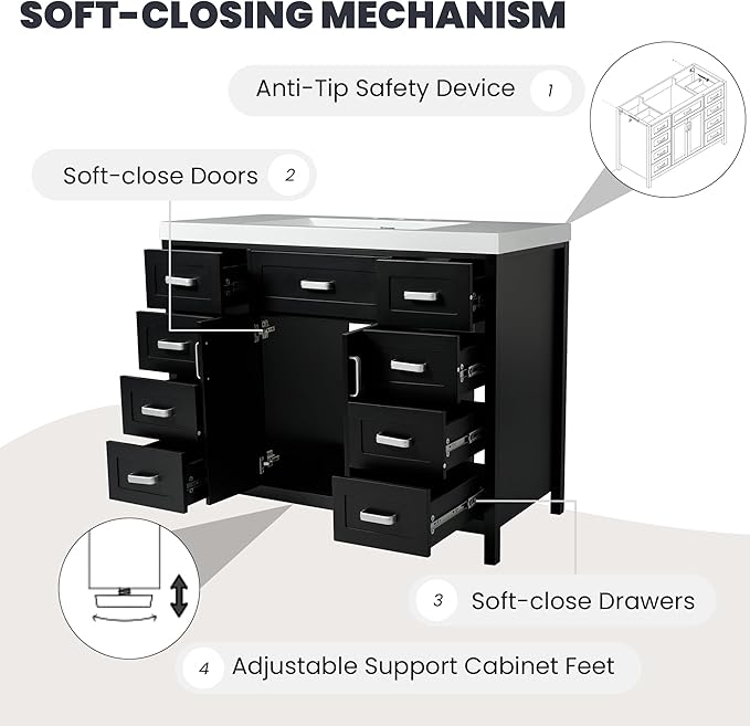 Harper & Bright Designs 48" Bathroom Vanity Set with Sink, Free Standing Single Basin Vanity Set with 2 Soft-Close Doors and 8 Drawers, Wood Storage Cabinet with Resin Basin for Bathroom, Black
