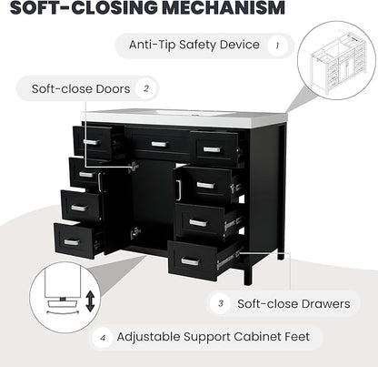 Harper & Bright Designs 48" Bathroom Vanity Set with Sink, Free Standing Single Basin Vanity Set with 2 Soft-Close Doors and 8 Drawers, Wood Storage Cabinet with Resin Basin for Bathroom, Black