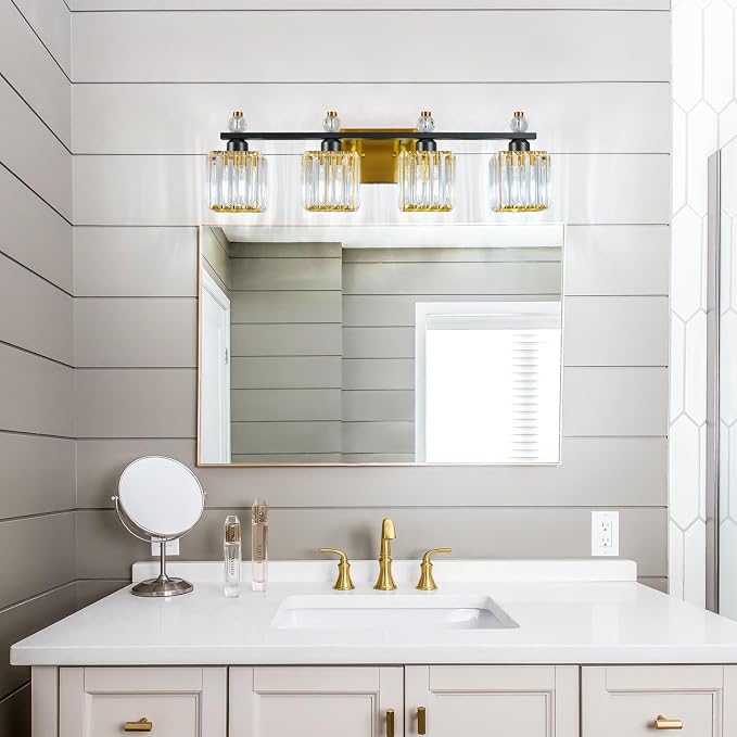 Vanity Lights 4-Light Modern Crystal Vanity Light Black Gold Bathroom Light Fixtures Over Mirror Crystal Bathroom Vanity Lighting Fixtures