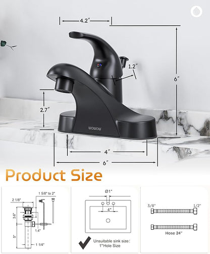 WOWOW Black Bathroom Faucet One Handle 4 inch Centerset Bathroom Faucets with Lift Rod Drain Assembly Sink Faucet Lavatory Faucet Matte Black Bathroom Faucets