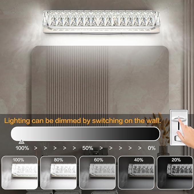 Crystal Vanity Lights for Bathroom 18W LED Bathroom Light Bar Modern Chrome Lighting Fixtures Over Mirror for Bath 22.8 inch