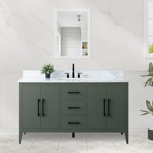 HomeBeyond 60 Inch Bathroom Vanity with Sink & Ceramic Top, Single Vanity Cabinet with Basin, Soft-Closing Doors & Matte Black Hardware, Vintage Green