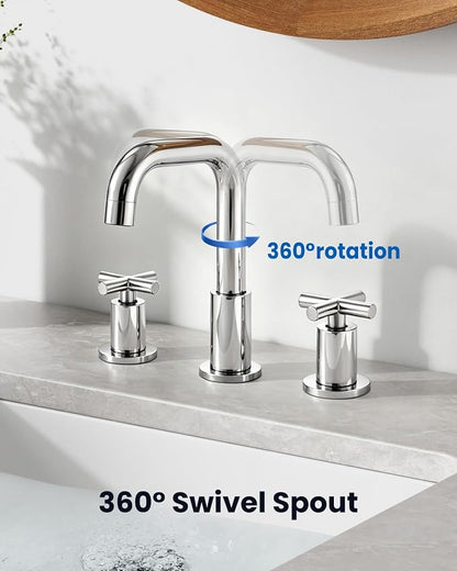 gotonovo Widespread 8 inch 3 Hole Bathroom Sink Faucet Polished Chrome | 2 Cross Handle Bathroom Faucet,SUS304,360° Swivel Spout,24’’ cUPC Hose,Pop Up Drain,6-16’’ Vanity,Sink,Lavatory,Basin,RV