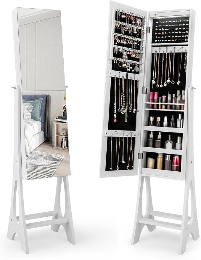 COSTWAY 12 LED Mirror Jewelry Cabinet, Freestanding Jewelry Storage Organizer w/Full Length Mirror, Large Capacity Jewelry Armoire w/Bottom Shelf, Mirror with Jewelry Storage for Women Girls (White)