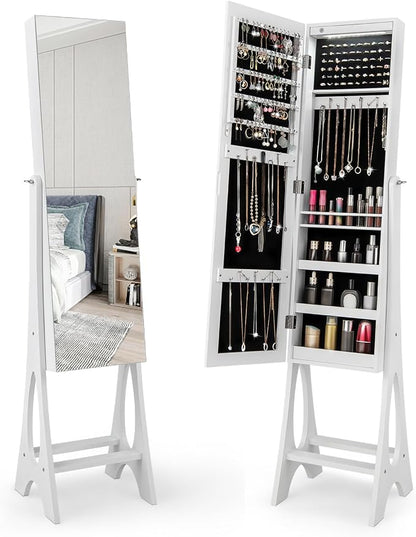 COSTWAY 12 LED Mirror Jewelry Cabinet, Freestanding Jewelry Storage Organizer w/Full Length Mirror, Large Capacity Jewelry Armoire w/Bottom Shelf, Mirror with Jewelry Storage for Women Girls (White)