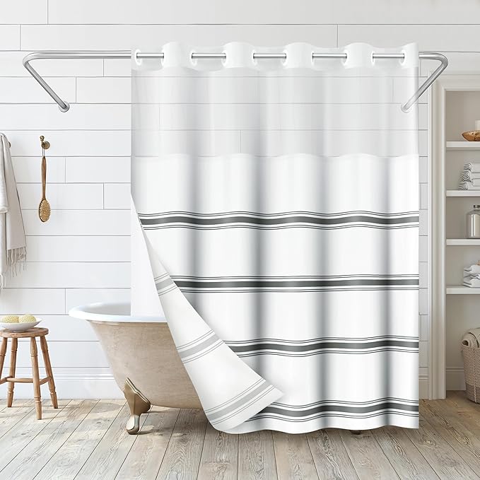 Americanflat 72x75 Hookless Shower Curtain - Water-Resistant Classic Stripe Shower Curtain with Sheer Panel, Snap-in Liner, and Durable Grommets - 100% Polyester - Black and White