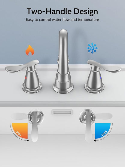 Bathroom Faucets for Sink 3 Hole, 4 Inch Brushed Nickel Faucet Bathroom with 2 Hot/Cold Handles, Pop-Up Drain, Lead-Free, No-Leak, RV Sink Faucet for Bath, Camper