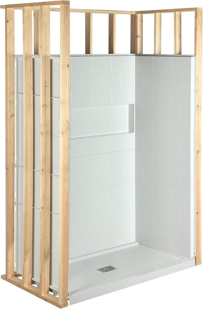 WOODBRIDGE 4-Piece Tile-style Shower Wall Panel Surround Kit, 60"W x 32"D, Staggered Brick Pattern, Easy to Install, High Gloss White Finish