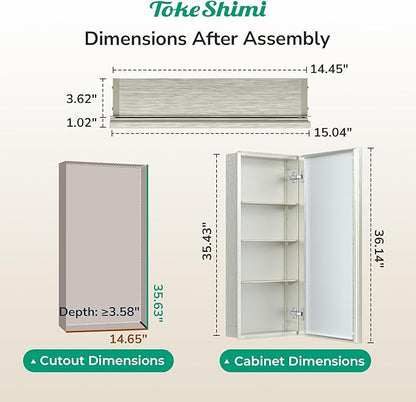 TokeShimi 15 x 36 Brushed Nickel Recessed Medicine Cabinet with Mirror, Assembly Required, Bathroom Medicine Cabinet with Mirror, Stepless Adjustable Shelves, Beveled Aluminum Frame, DTC Hinge
