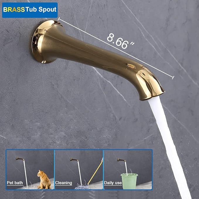 Enga Bright Gold Brass Shower Tub Faucet System Antique 8inch Rainfall Shower with Spout and Hand Spray