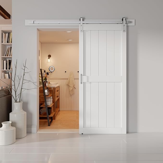 36''x84'' Sliding Barn Door with 6.6 Ft Brushed Nickel Hardware | Pre-Drilled Holes Easy Assembly - Include Installation Manual, Water-Proof PVC Surface, H-Frame, White