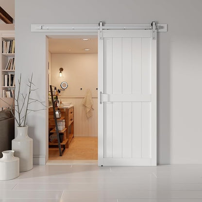 36''x84'' Sliding Barn Door with 6.6 Ft Brushed Nickel Hardware | Pre-Drilled Holes Easy Assembly - Include Installation Manual, Water-Proof PVC Surface, H-Frame, White