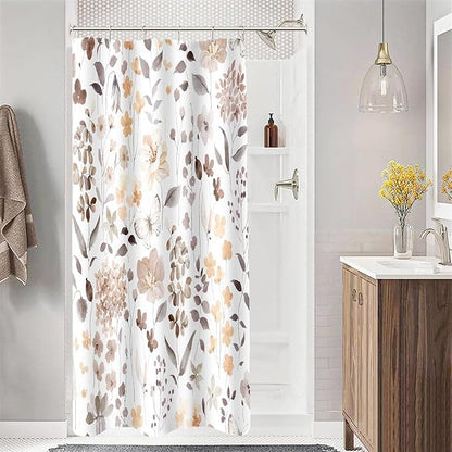 Small Stall Shower Curtain 36 x 72 Inch, Half Narrow Brown Floral Shower Curtain for Bathroom, Watercolor Flower Butterfly Fabric Shower Curtain Set with Hooks