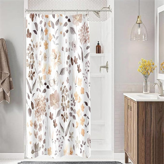 Small Stall Shower Curtain 36 x 72 Inch, Half Narrow Brown Floral Shower Curtain for Bathroom, Watercolor Flower Butterfly Fabric Shower Curtain Set with Hooks