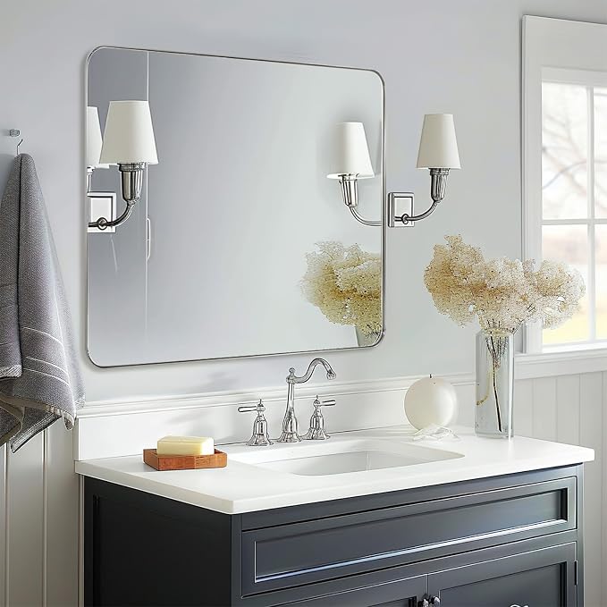 Square Brushed Nickel Mirror for Bathroom, 24”x24” Silver Metal Frame Wall Mirror, Rounded Corner Stainless Steel Hangs Horizontal Or Vertical