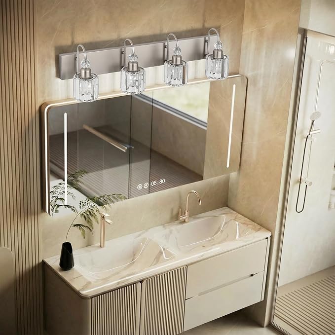 Ralbay 4-Light Crystal Vanity Light for Bathroom Brushed Nickel Modern Bathroom Light Fixtures