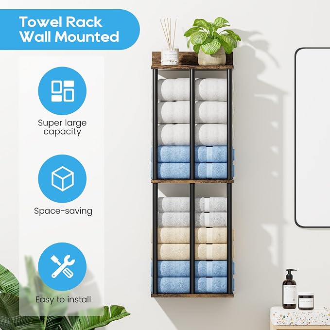 Towel Racks for Bathroom Wall Mounted with Wooden Storage Shelf | Updated 3 Bar Metal Towel Holder for Rolled Towels, Sturdy and Large Capacity, Towel Storage Organizer
