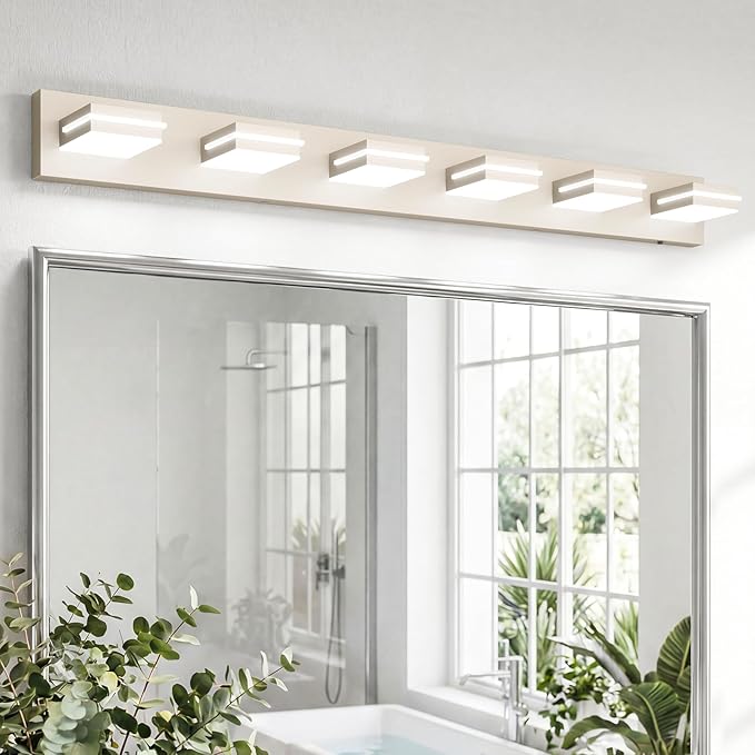 VOLISUN Modern Bathroom Vanity Light Fixtures (6-Light, 48-Inch), Brushed Nickel LED Bathroom Light Fixtures Over Mirror, 360°Rotatable Head, LED Vanity Lights for Bathroom (Cool White 6000K)