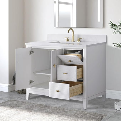 Vanity Art 42" Bathroom Vanity with Single Sink & Arabescato White Engineered Stone Top, Vanity Cabinet with Soft Closing Door, Solid Wood Frame, Golden Brushed Handles, White VA8142-W-GB