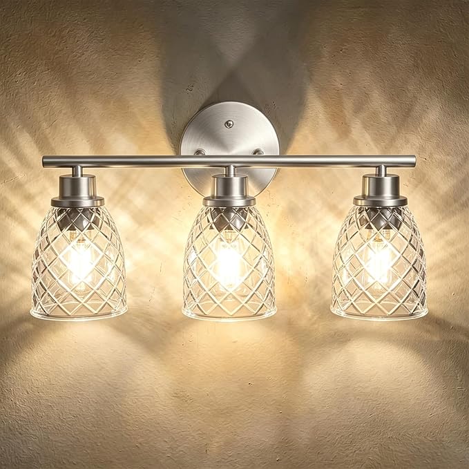 3-Light Bathroom Light Fixtures, Brushed Nickel Vanity Lights Over Mirror | Modern Farmhouse Wall Sconces with Hammered Glass Lampshade for Kitchen Hallway Bedroom Living Room Cabinet Porch-18.1IN