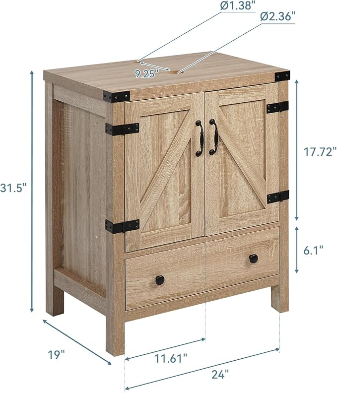 24 inch Natural Color Bathroom Vanity, Rustic Fixture Standing Pedestal Cabinet with Silver Leaf Sink