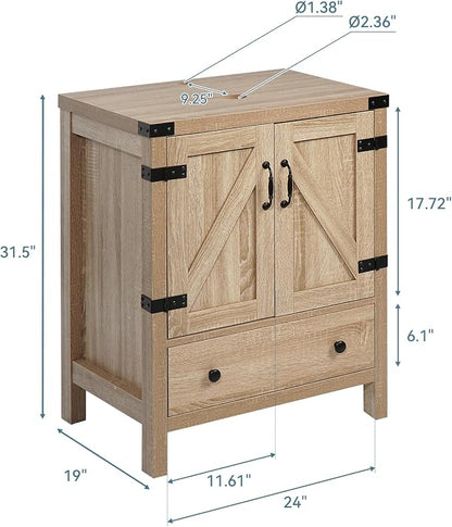 24 inch Natural Color Bathroom Vanity, Rustic Fixture Standing Pedestal Cabinet with Black Ceramic Boat Sink