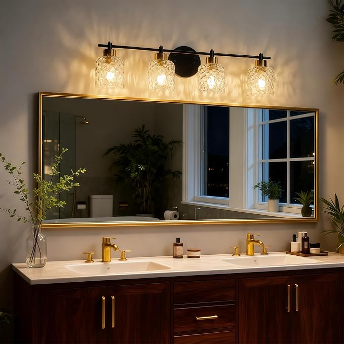 4 Light Black and Brass Bathroom Light Fixture with Hammered Glass Mirror | 30.7" Black and Gold Farmhouse Vanity Light, Vanity Lighting Fixtures, Rustic Vanity Lights for Bathroom Lights for Makeup