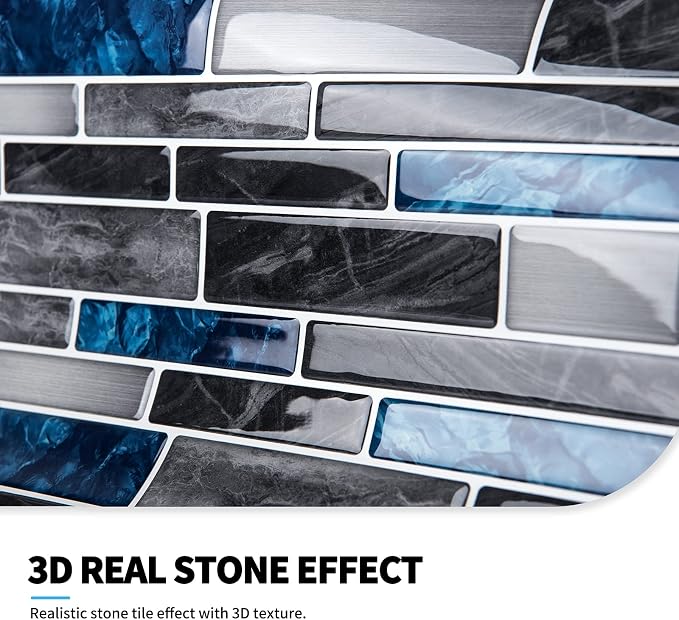 Art3d Marble Tile Peel and Stick Backsplash, 10-Pack, 12 x 12 Inch, Blue | Lightweight, Self Adhesive, Moisture Resistant, Easy to DIY, Modern Style, for Kitchen, Bedroom, Ideal for New Home Buyers