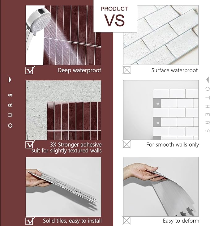 STICKGOO 10-Sheet Peel and Stick Backsplash Tile(Thicker Design) | Self Adhesive Vinyl Wall Tiles, 3D DIY Subway Tiles, Stick on Backsplash for Kitchen and Bathroom(Vintage Red)