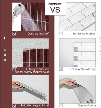STICKGOO 10-Sheet Peel and Stick Backsplash Tile(Thicker Design) | Self Adhesive Vinyl Wall Tiles, 3D DIY Subway Tiles, Stick on Backsplash for Kitchen and Bathroom(Vintage Red)