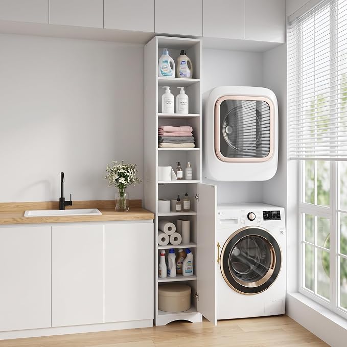 VECELO Narrow Tall Cabinet with Closed Door, 6 Adjustable Movable Shelves, Wood Space Saving Corner Storage Unit, Pearl White