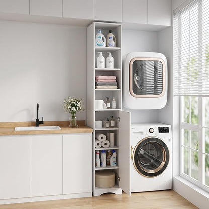 VECELO Narrow Tall Cabinet with Closed Door, 6 Adjustable Movable Shelves, Wood Space Saving Corner Storage Unit, Pearl White