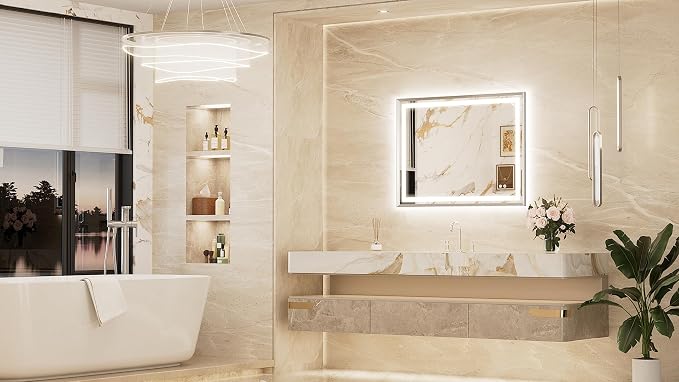 Keonjinn 40x30 Inch Nickel LED Bathroom Mirror with Lights, Beveled Edge | Frontlit & Backlit, Lighted Bathroom Mirror, HD Tempered Glass, 3 Color Temperatures, Anti-fog, Stepless Dimmable