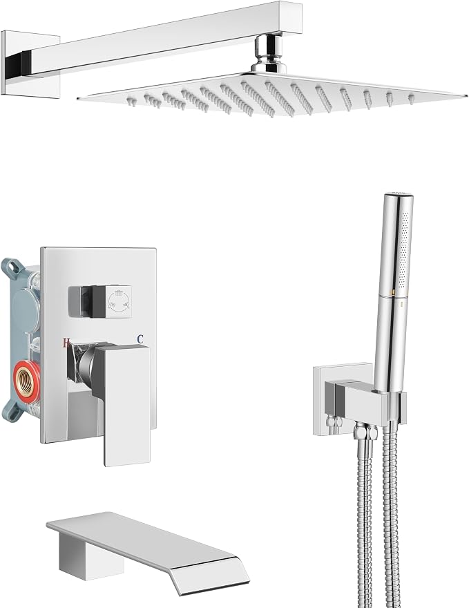 Aolemi Shower System with Tub Spout and Valve Polish Chrome | 10-Inch Square Wall Mounted Rainfall Shower Head and Handheld,3-Function Bathtub Shower Faucet Set