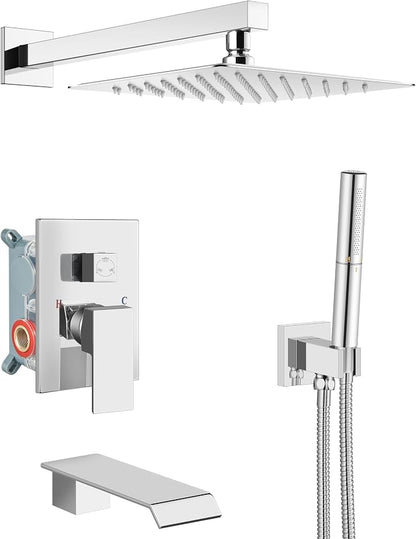 Aolemi Shower System with Tub Spout and Valve Polish Chrome | 10-Inch Square Wall Mounted Rainfall Shower Head and Handheld,3-Function Bathtub Shower Faucet Set