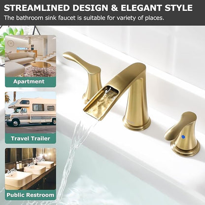 PARLOS Waterfall Widespread Bathroom Faucet Double Handles with Metal Pop Up Drain & cUPC Faucet Supply Lines, Brushed Gold, Demeter 1431808