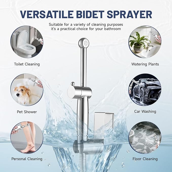 Chrome Handheld Bidet Sprayer for Toilet with Bidet Hose Brass Cloth Diaper Sprayer Bathroom Toilet Attachment for Feminine Wash, Wall Mount or Toilet Mount