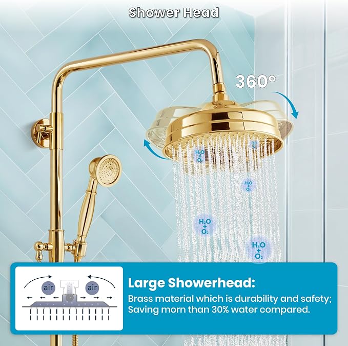 gotonovo Exposed Shower System Wall Mount,Polish Gold,Metal Handheld | 8” Rain Shower Head Faucet Set Fixtures,2 Function,Two Cross Handle,Height Adjustable,for 5-6.7" Hole,Indoor Victorian Retro