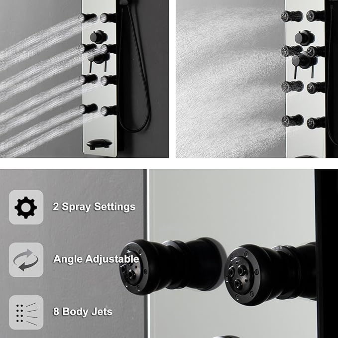 Shower Panel Tower System, 10" Adjustable Rainfall Shower, 8 Body Massage Jets, Glass Shower Panel, Wall Mounted