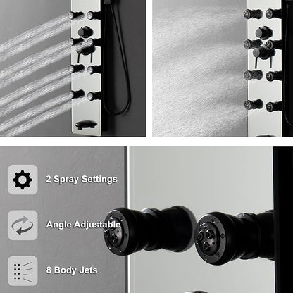 Shower Panel Tower System, 10" Adjustable Rainfall Shower, 8 Body Massage Jets, Glass Shower Panel, Wall Mounted