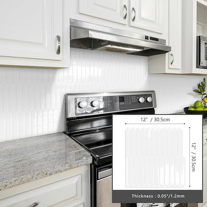White Long Hexagon Tile Peel and Stick Backsplash, 10 Sheets Self-Adhesive Wall Tiles Stick on Back Splash for Kitchen, Bathroom, Fireplace,RV(12"×12") | Self-Adhesive Wall Tiles Stick on Back Splash for Kitchen, Bathroom, Fireplace,RV(White,12"×12")