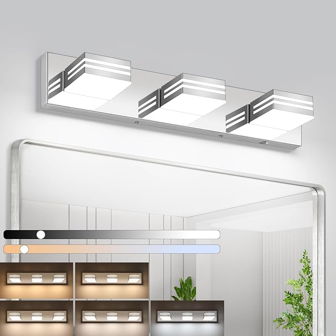 LED Modern Bathroom Vanity Light Fixtures (3-Light, 24-Inch)(5CCT, Dimmable), Chrome Modern Bathroom Wall Lighting Fixtures Over Mirror (3000K/3500K/4000K/5000K/6000K)