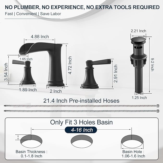 8 Inch Matte Black Bathroom Faucet 3 Hole, Brass Waterfall Bathroom Sink Faucet Widespread 2 Handle with Pop up Drain & Pre-Installed cUPC Supply Lines for Lavatory, 10 Mins Quick Install