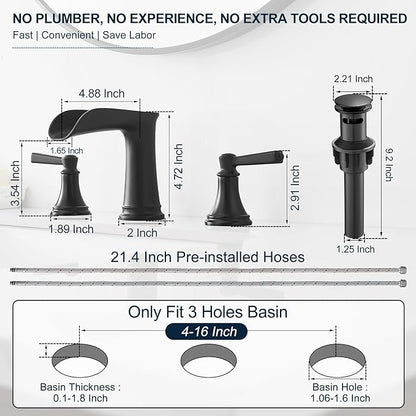 8 Inch Matte Black Bathroom Faucet 3 Hole, Brass Waterfall Bathroom Sink Faucet Widespread 2 Handle with Pop up Drain & Pre-Installed cUPC Supply Lines for Lavatory, 10 Mins Quick Install