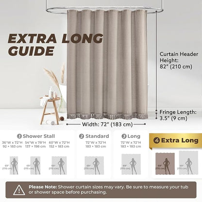 Linen Shower Curtain Boho Taupe Shower Curtain with Tassels 72"W x 84"L | Thick linen-poly blend, soft textured drape, handcrafted fringe, neutral rustic farmhouse bathroom decor