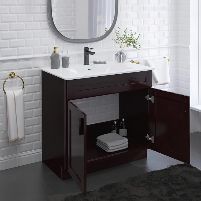 36" Espresso Shaker Bathroom Vanity Base – Ready-to-Assemble Sink Cabinet, Freestanding Bathroom Vanity Base Only, No Top or Sink