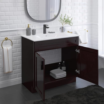 36" Espresso Shaker Bathroom Vanity Base – Ready-to-Assemble Sink Cabinet, Freestanding Bathroom Vanity Base Only, No Top or Sink