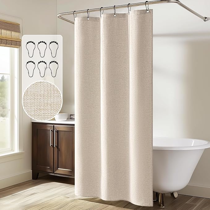 MIULEE Stall Linen Fabric Shower Curtain Cream Beige W36*L72 6 Metal Hooks | Small, Heavy Duty, Shower Curtain Set, Waterproof Narrow Neutral Thick Cloth Shower Curtain, Bathroom Hotel, Washable