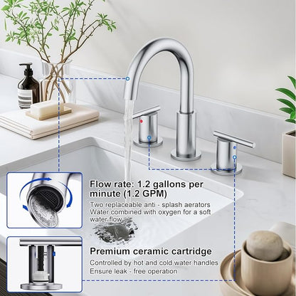 Bathroom Faucet 8 Inch, Brushed Nickel Widespread Sink Faucet | 360° rotating spout and pop-up drain for vanity, RV and outdoor sinks.