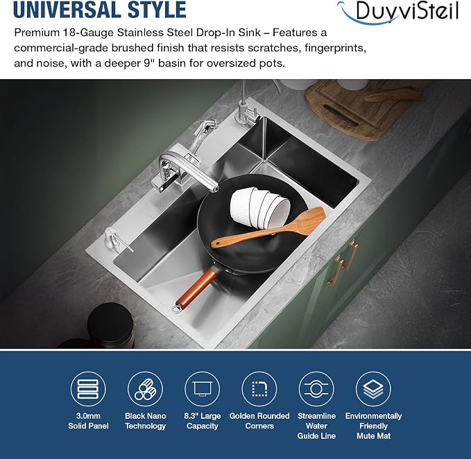 33 Inch Drop In Kitchen Sink, 16 Gauge Stainless Steel Kitchen Sink Single Bowl Sinks with Drain Strainer (33"x19"x9")